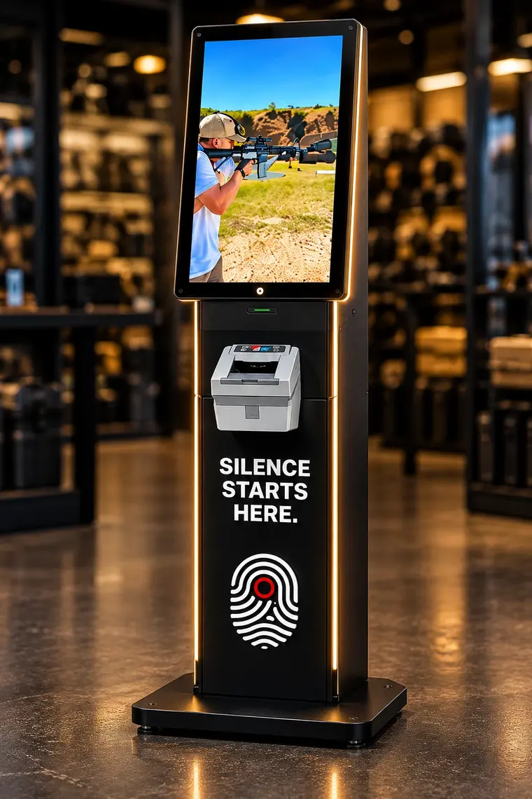 The Armory's in-store kiosk for fingerprinting and photos, with the words Silence Starts Here